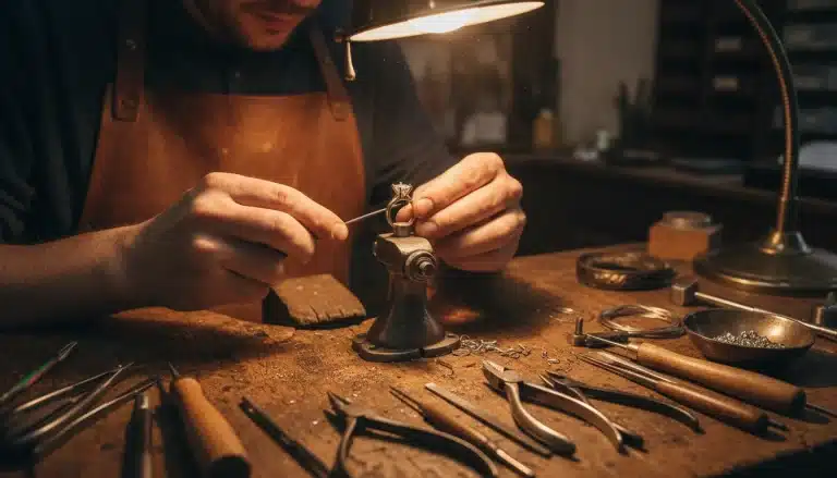 Close-up of a jeweller's hands meticulously crafting an engagement ring at a workbench.